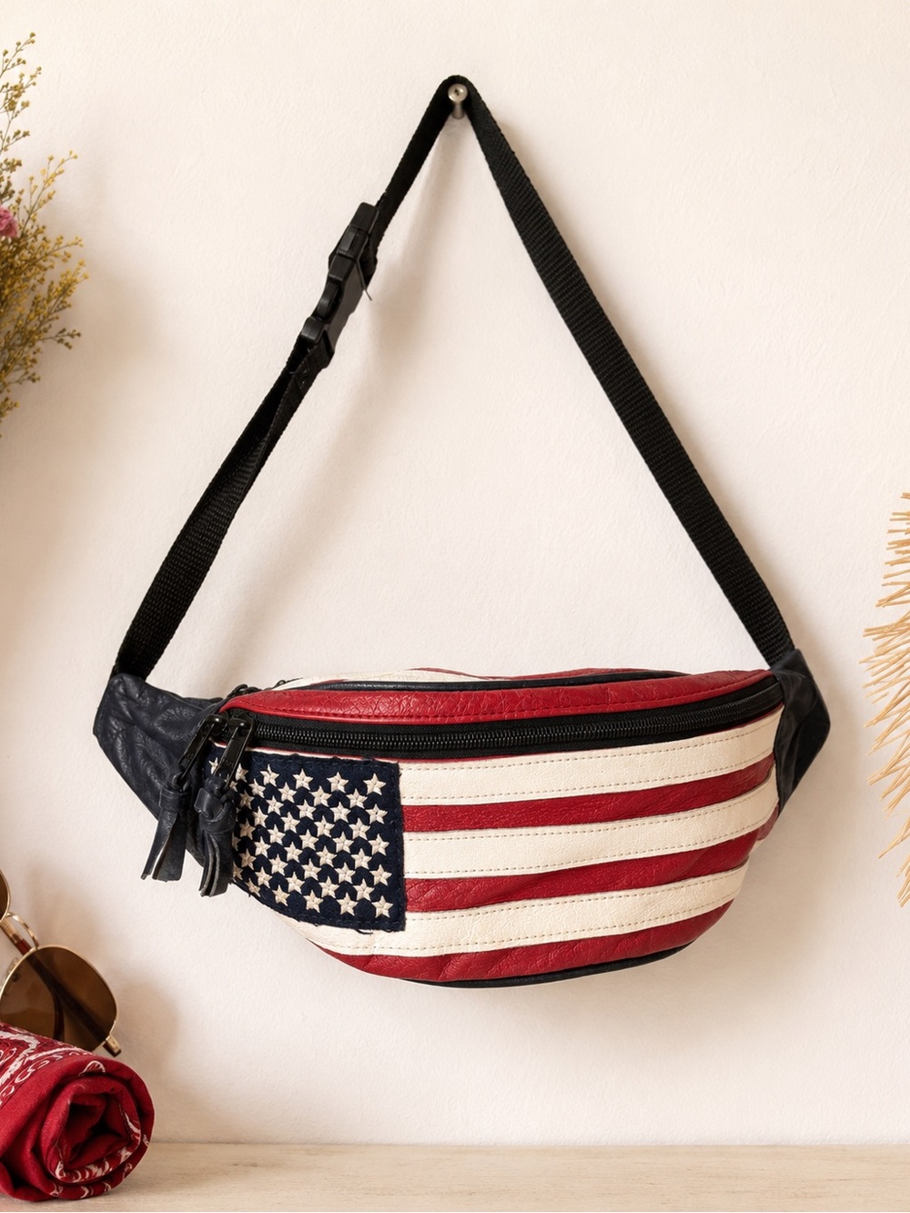 Vintage American Flag Leather Fanny Pack USA Stars Stripes Belt Bag 3 Pocket